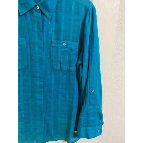 Additions by Chico Sz 1 Teal Woven Silver Threads Adjustable Long Sleeve Blouse - Picture 9 of 13